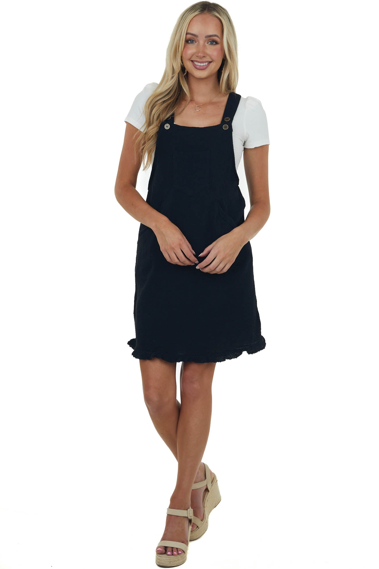 Black Raw Hem Gauze Woven Overall Short Dress