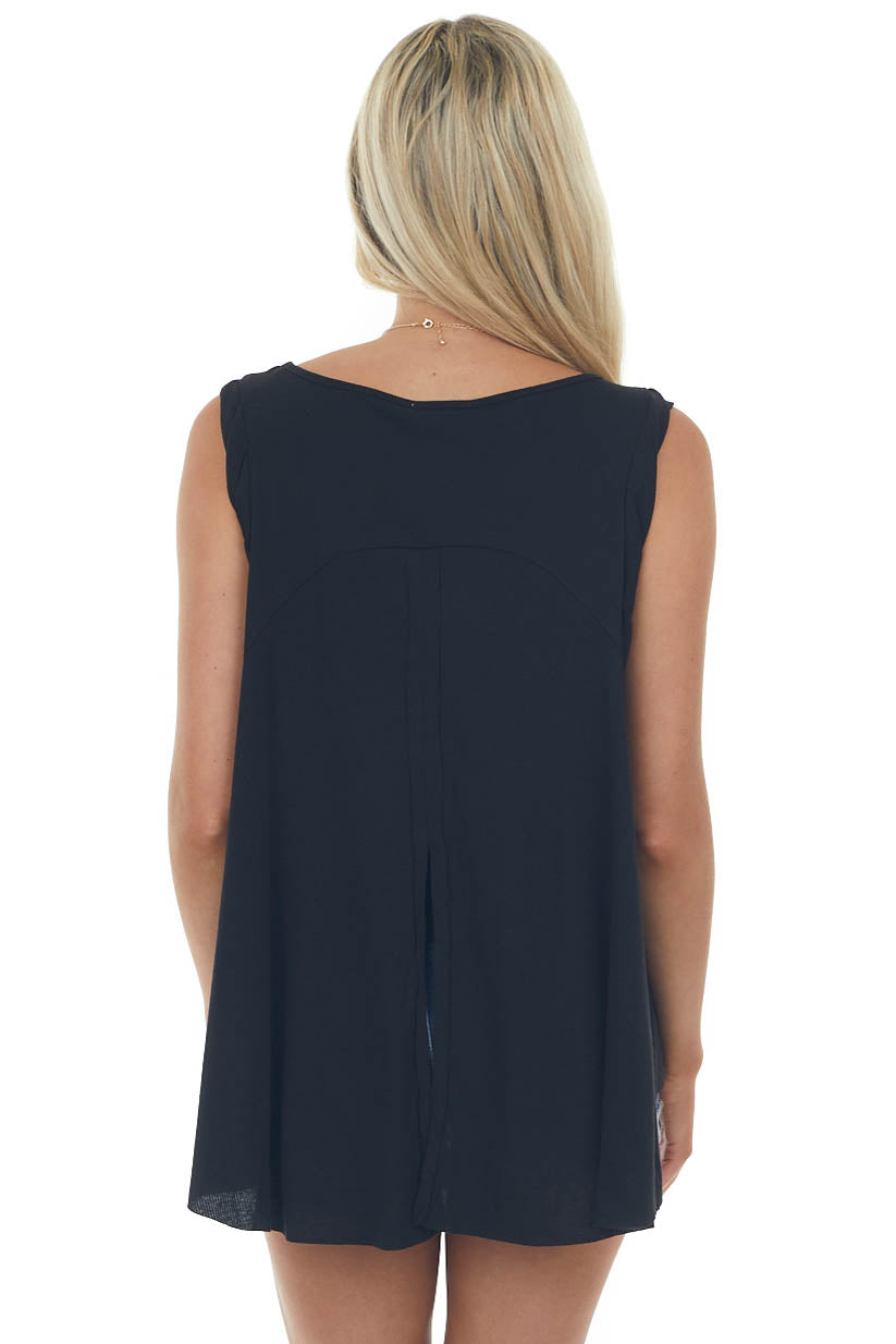 Black Raw Hem Ribbed Knit Top with Back Slit 