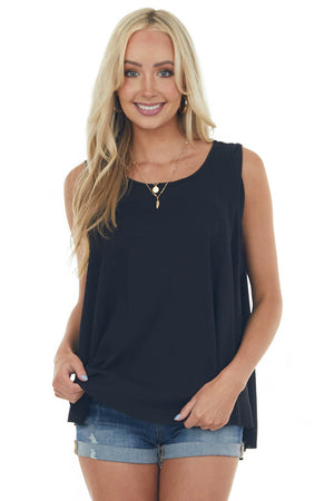 Black Raw Hem Ribbed Knit Top with Back Slit 