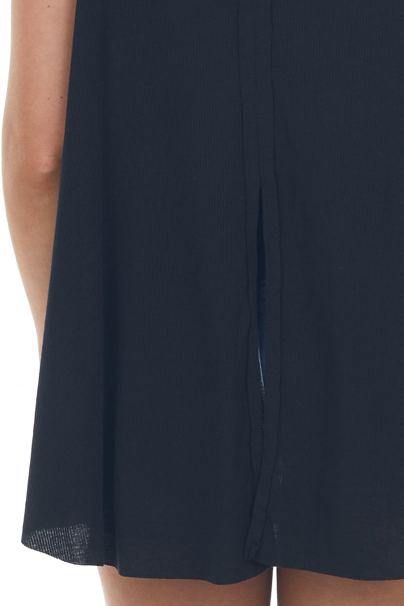 Black Raw Hem Ribbed Knit Top with Back Slit 