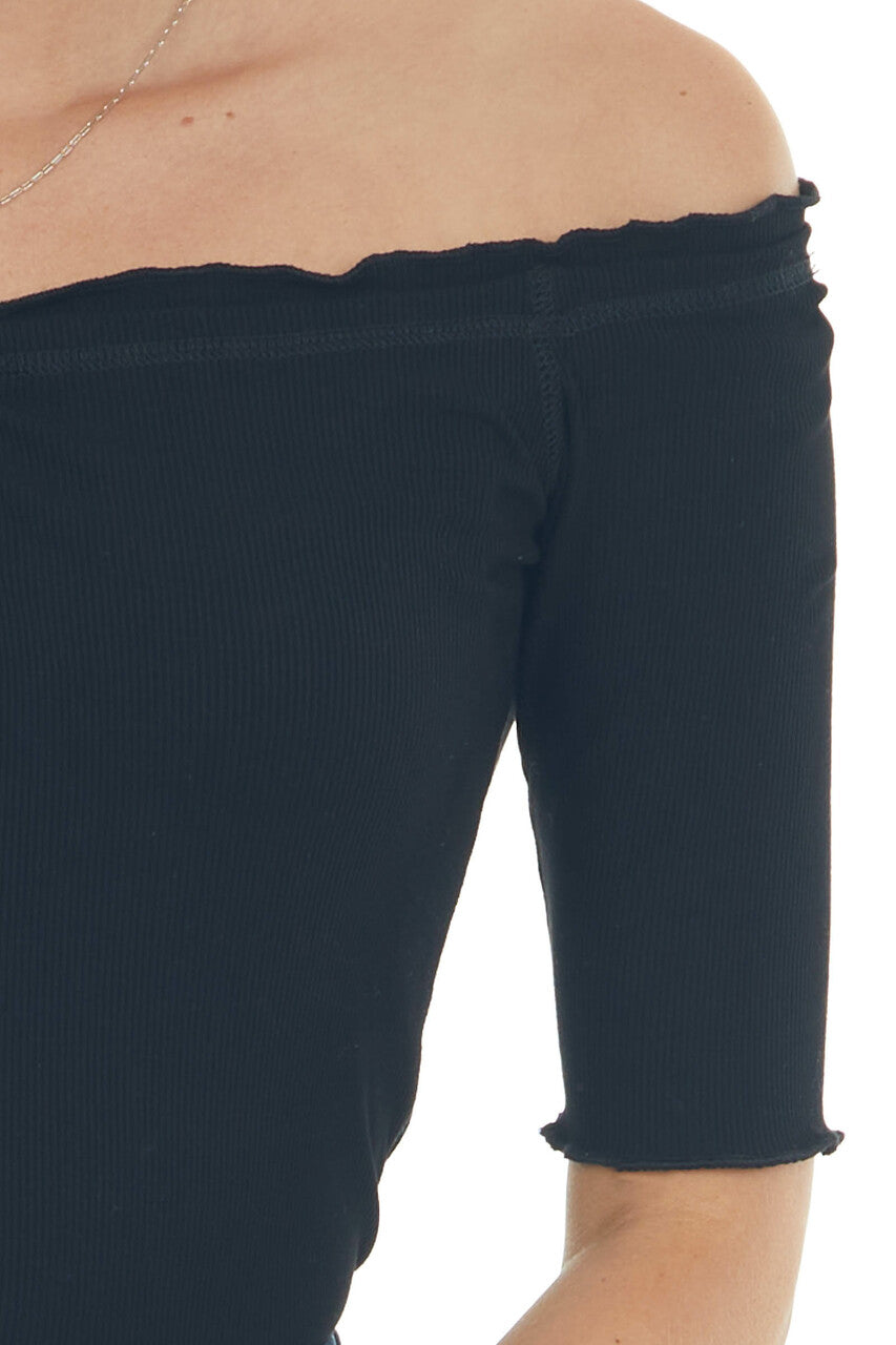 Black Ribbed 3-4 Sleeve Top with Ruffle Trim