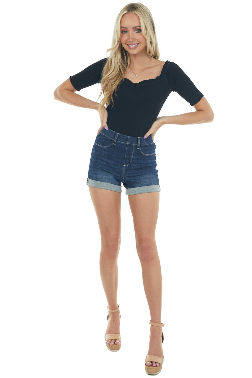 Black Ribbed 3-4 Sleeve Top with Ruffle Trim