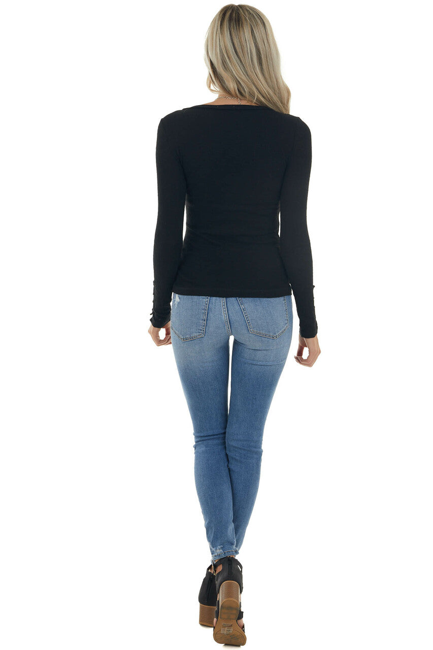 Black Ribbed Knit Button Cuff Henley Top