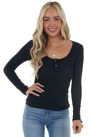 Black Ribbed Knit Button Cuff Henley Top