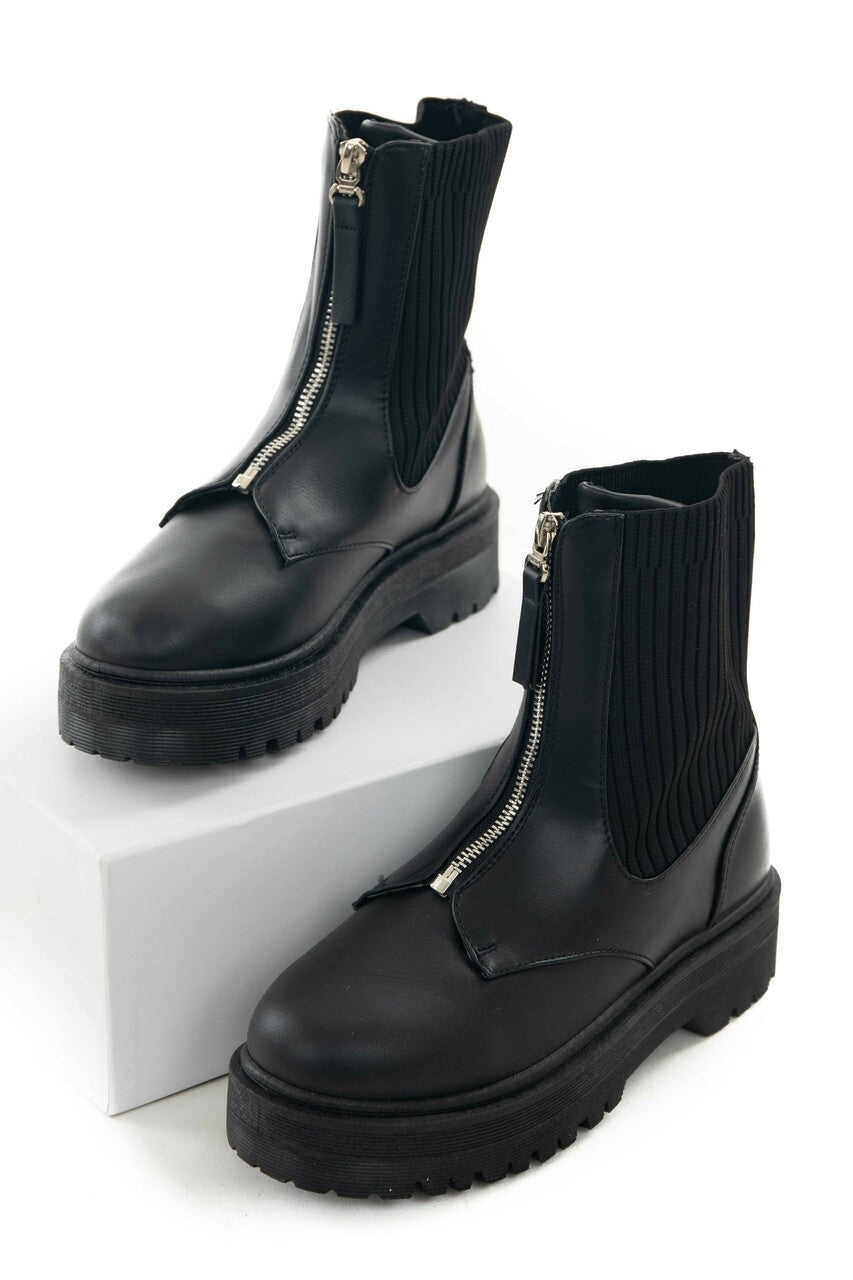 Black Ribbed Knit Contrast Combat Lug Boots 