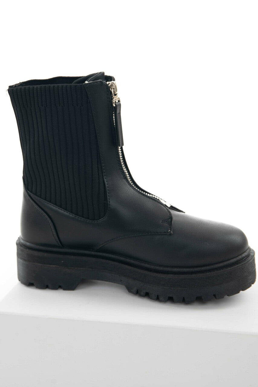 Black Ribbed Knit Contrast Combat Lug Boots 