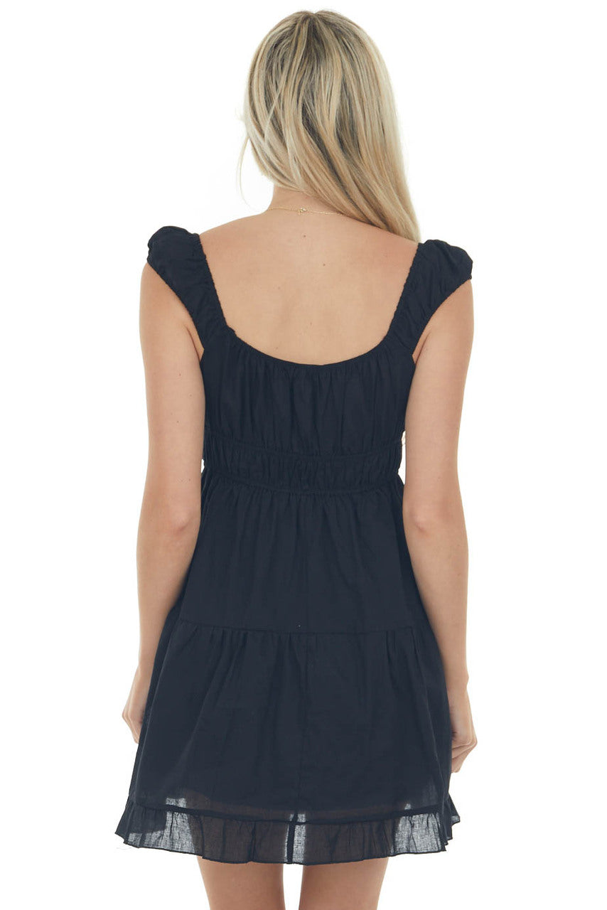 Black Ruched Bust Sleeveless Ruffle Hem Dress 