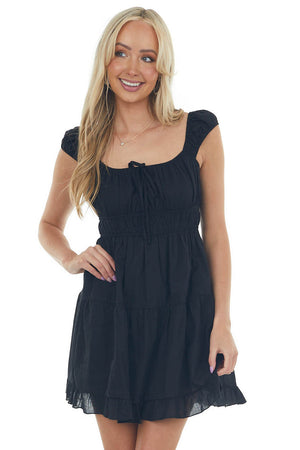 Black Ruched Bust Sleeveless Ruffle Hem Dress 