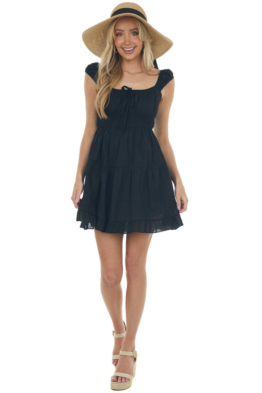 Black Ruched Bust Sleeveless Ruffle Hem Dress 