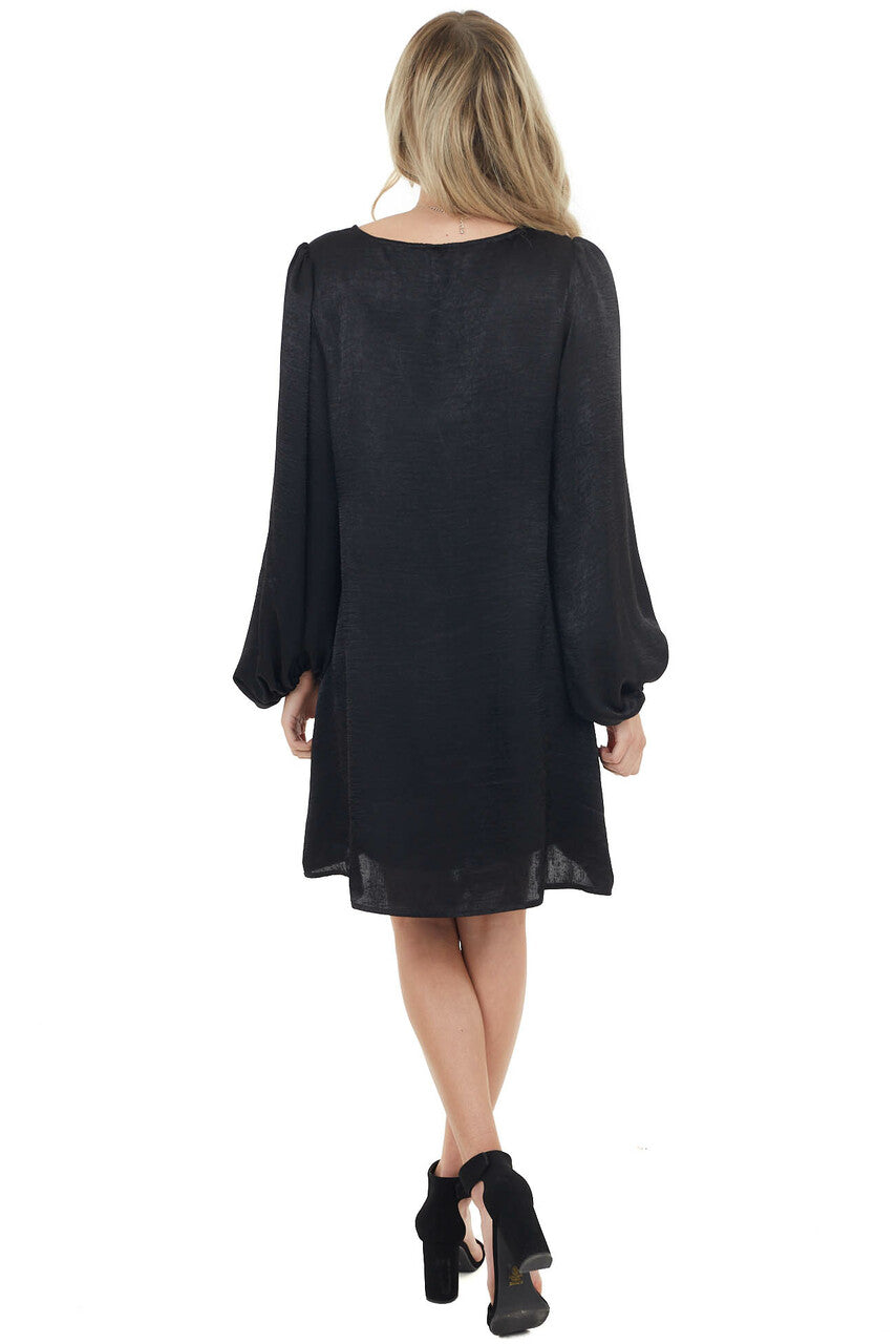 Black Satin Relaxed Fit Dress with Long Bubble Sleeves