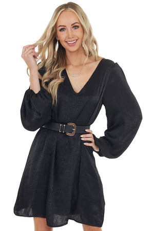 Black Satin Relaxed Fit Dress with Long Bubble Sleeves