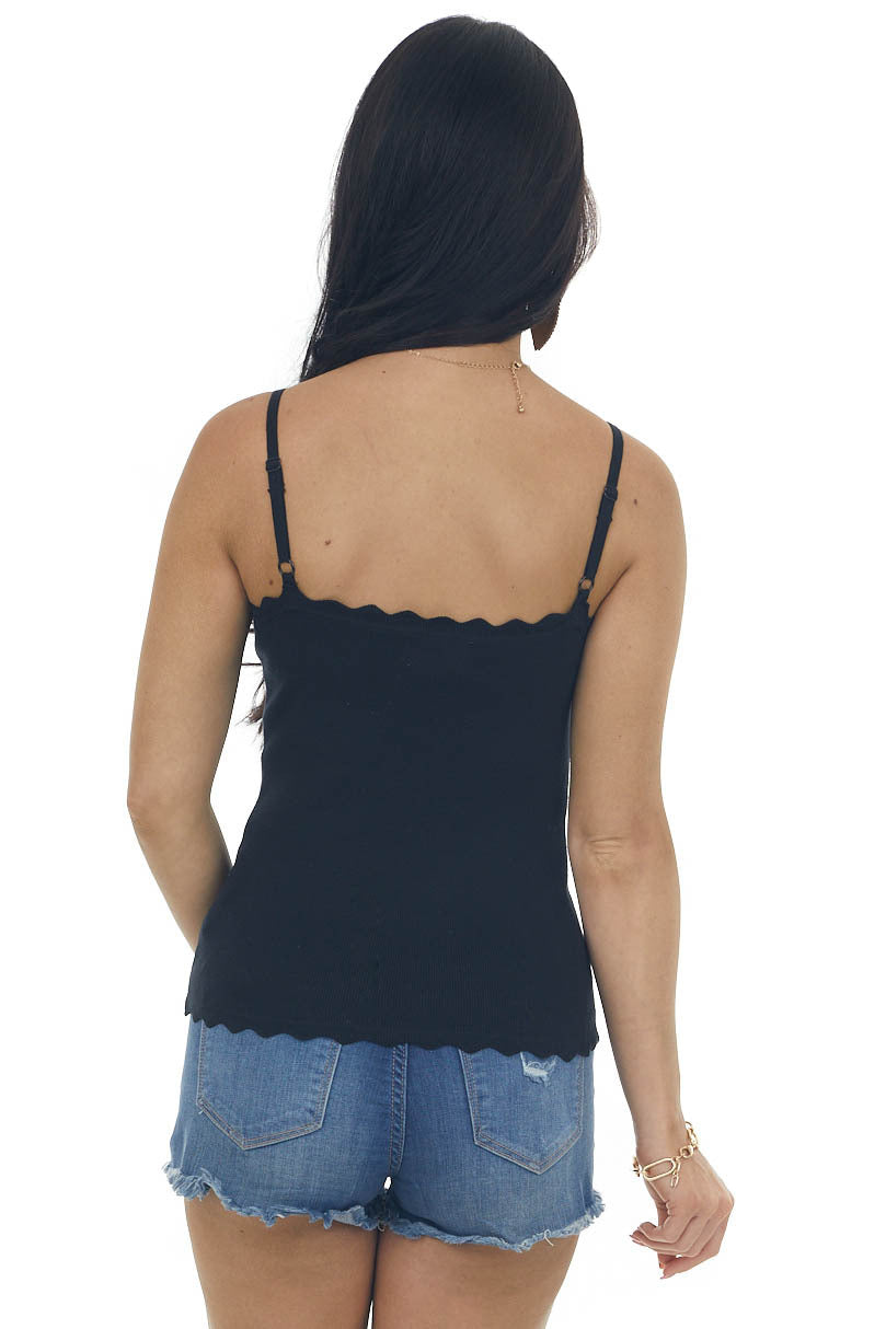 Black Scalloped Ribbed Knit Tank Top 