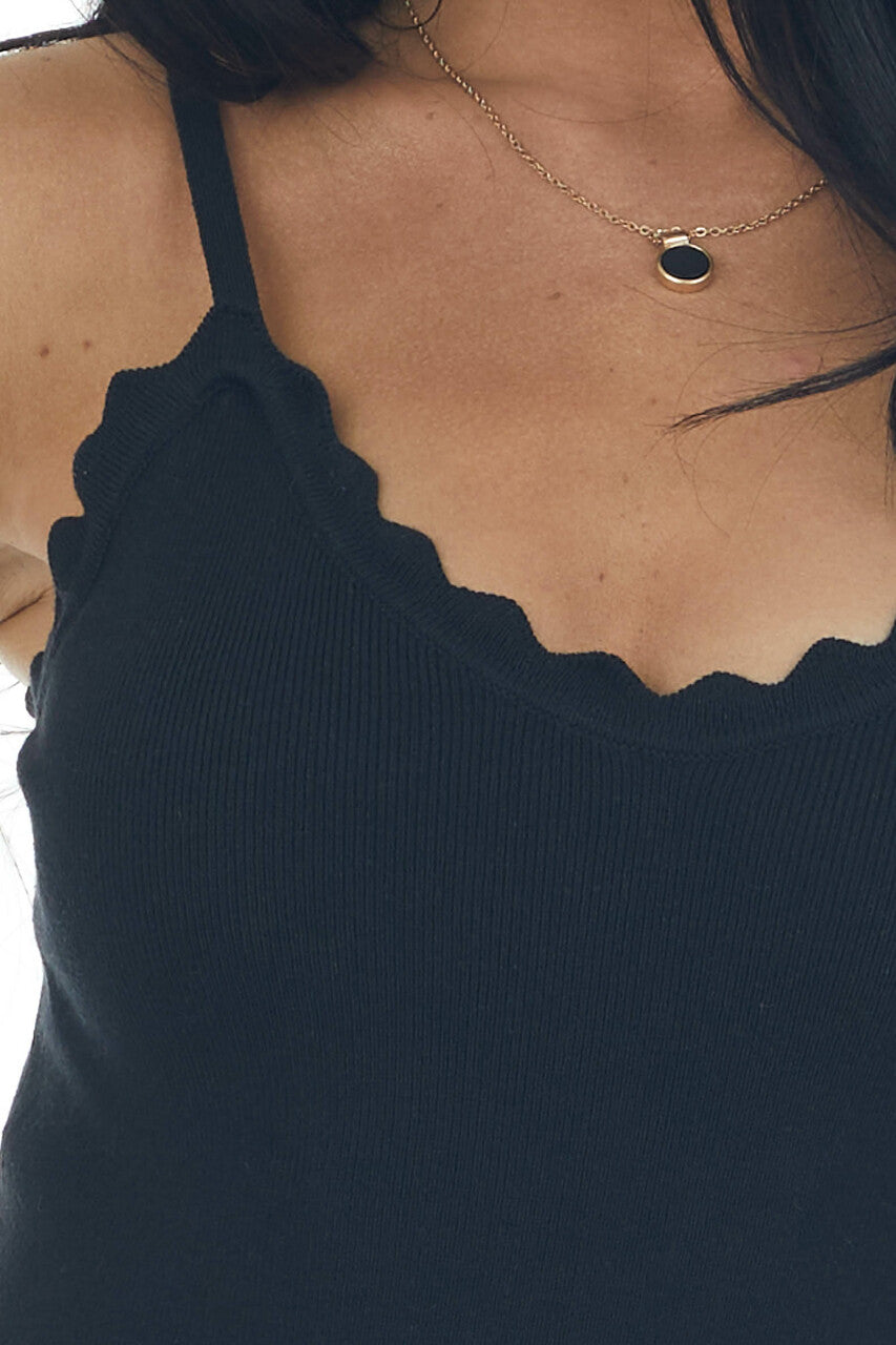 Black Scalloped Ribbed Knit Tank Top 