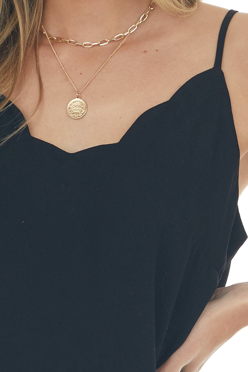 Black Scalloped Trim Woven Tank Top