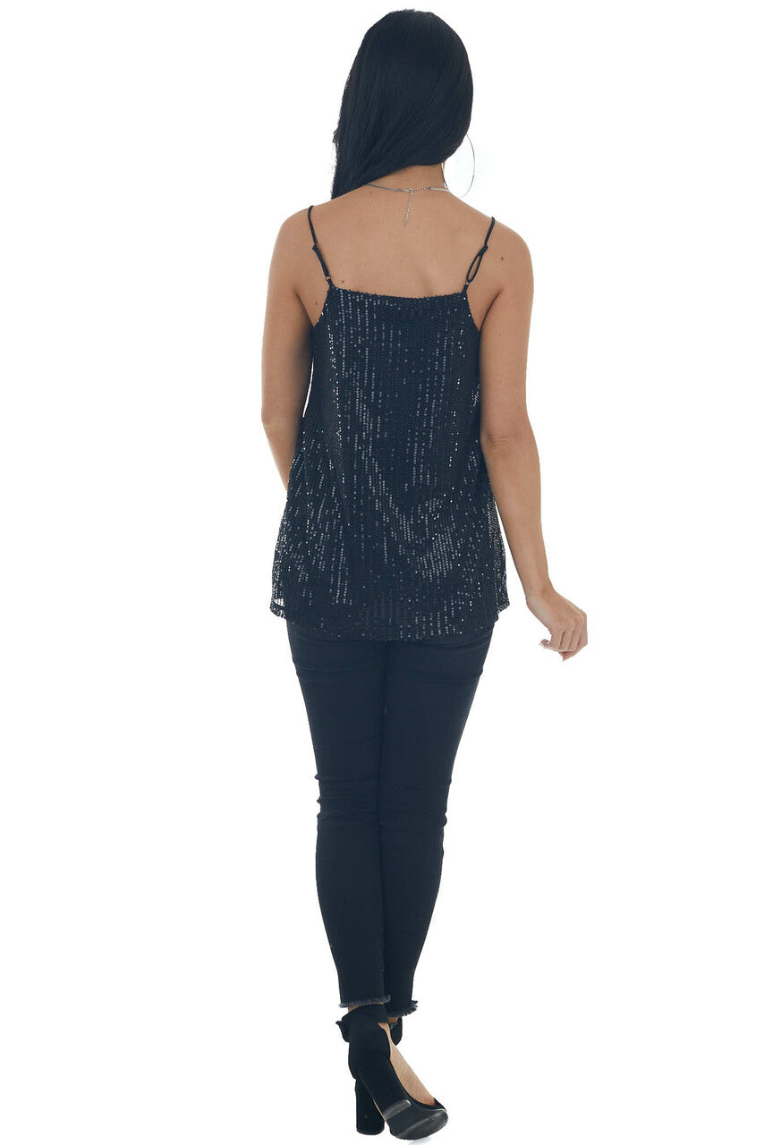 Black Sequin Square Neck Adjustable Strap Tank 