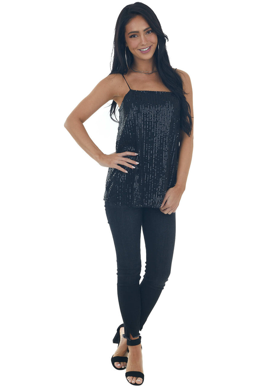 Black Sequin Square Neck Adjustable Strap Tank 