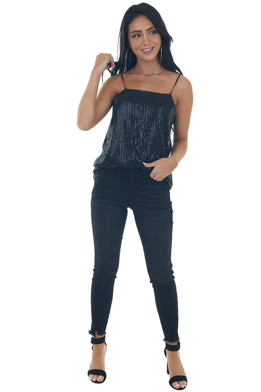 Black Sequin Square Neck Adjustable Strap Tank 