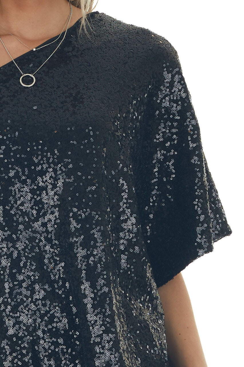 Black Sequined One Shoulder Flowy Blouse 