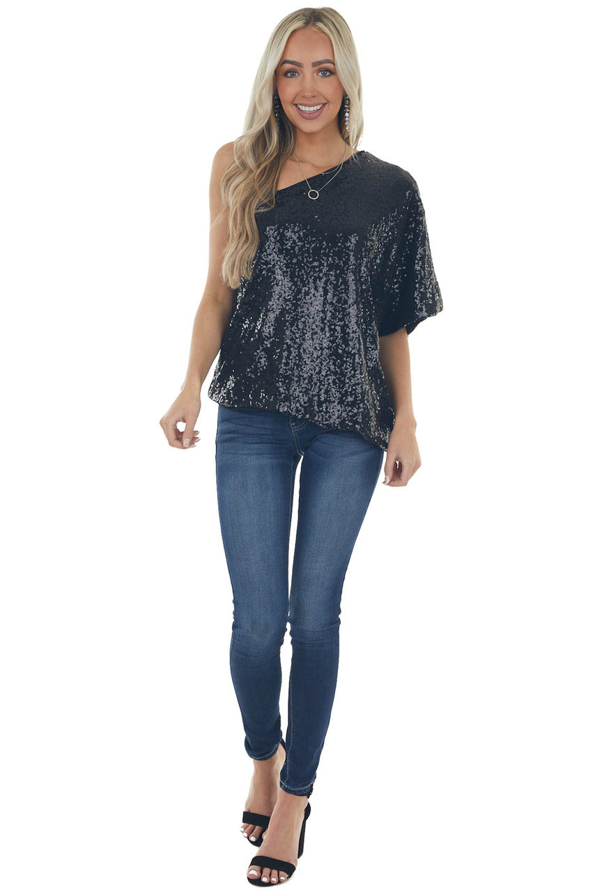 Black Sequined One Shoulder Flowy Blouse 