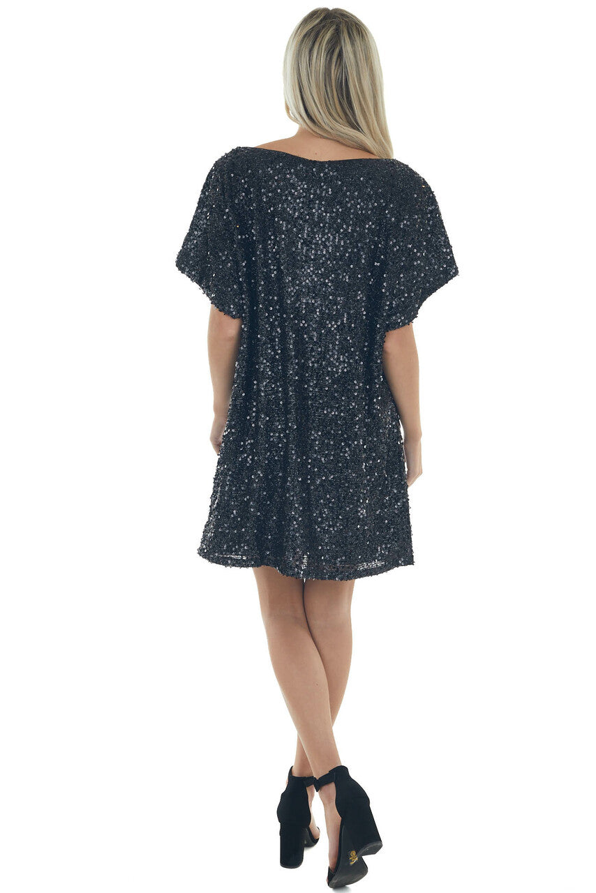 Black Sequined Short Flowy Sleeve Shift Dress