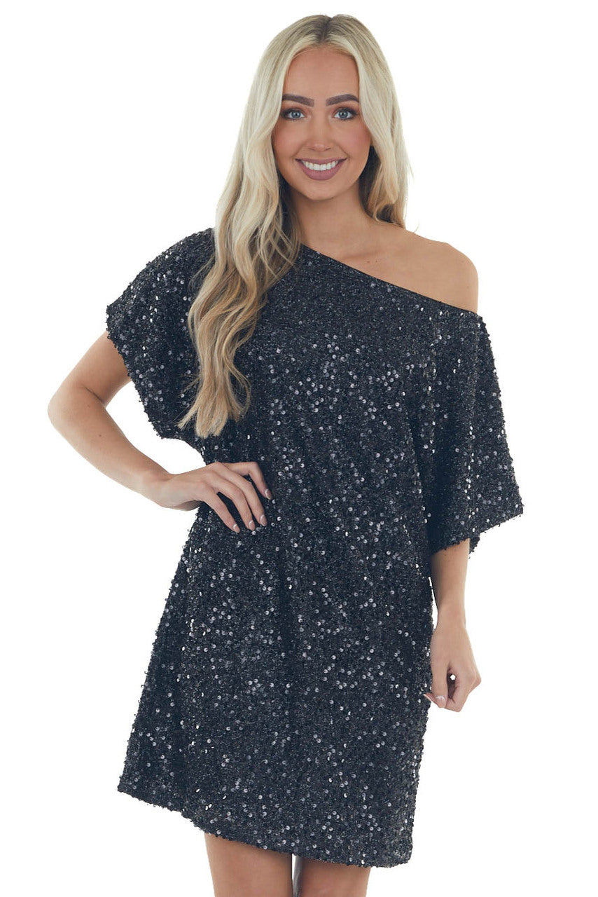 Black Sequined Short Flowy Sleeve Shift Dress