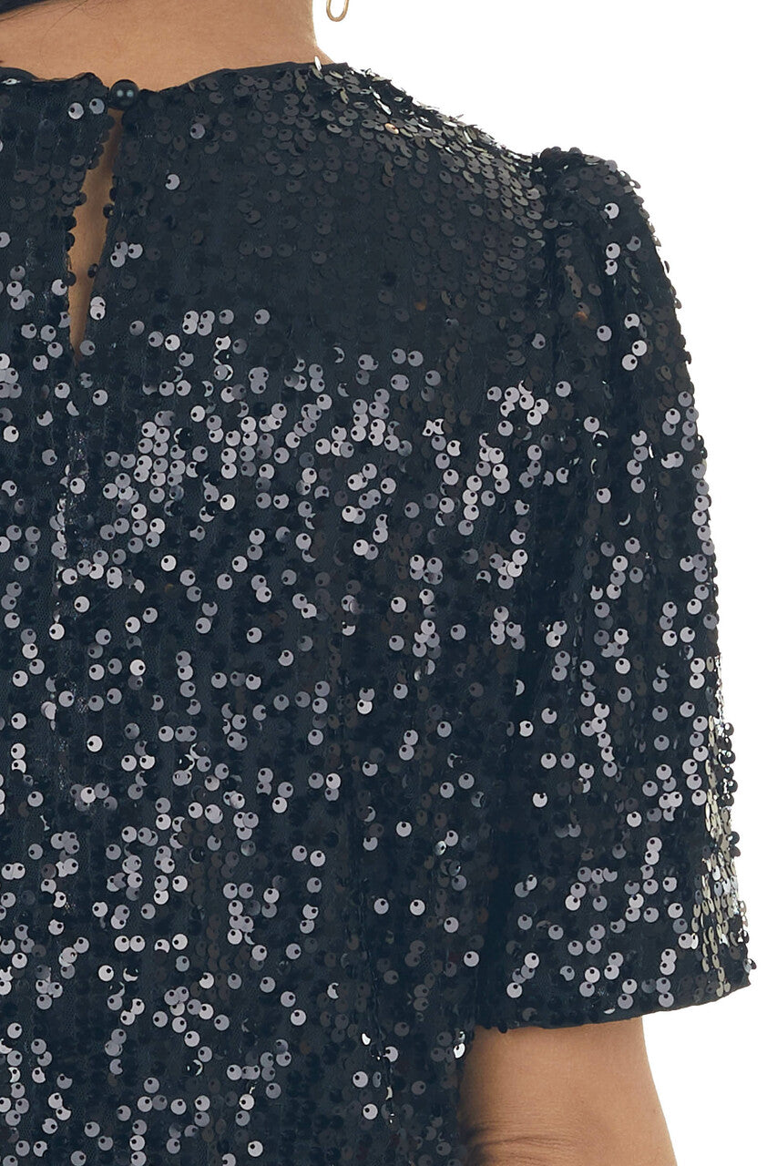 Black Sequined Short Puff Sleeve Shift Dress