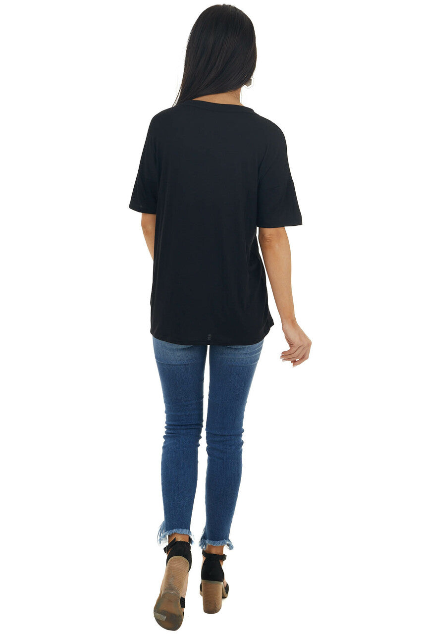 Black Short Sleeve Knit Top with Caged Neckline