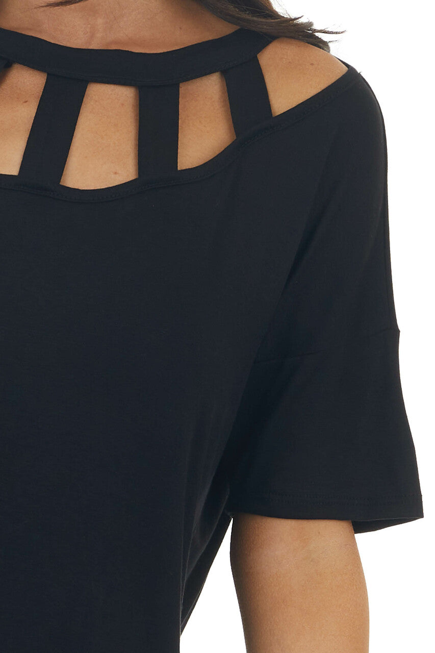Black Short Sleeve Knit Top with Caged Neckline