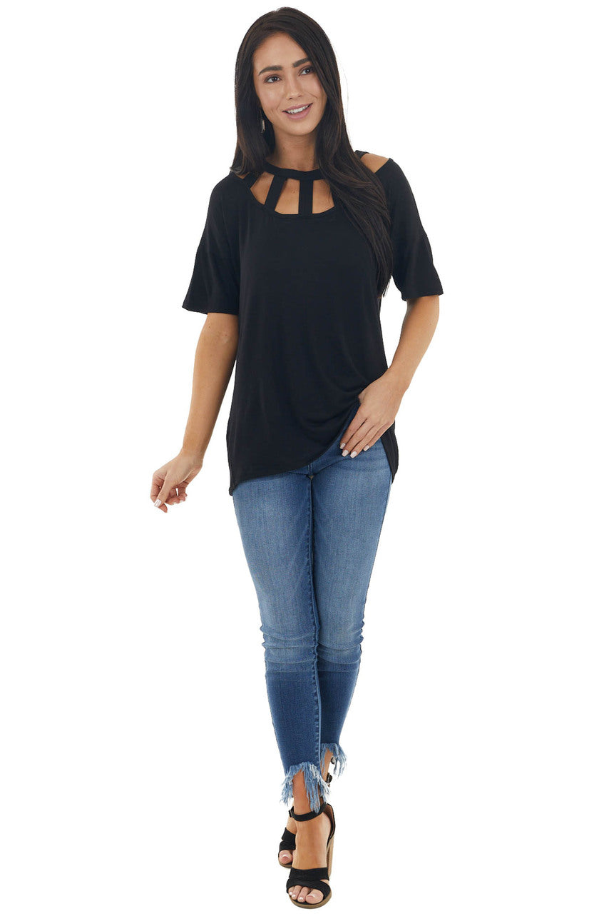 Black Short Sleeve Knit Top with Caged Neckline