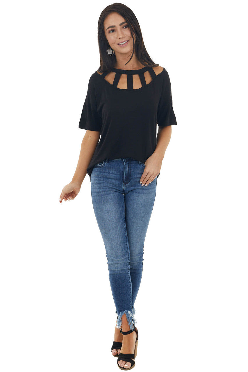 Black Short Sleeve Knit Top with Caged Neckline