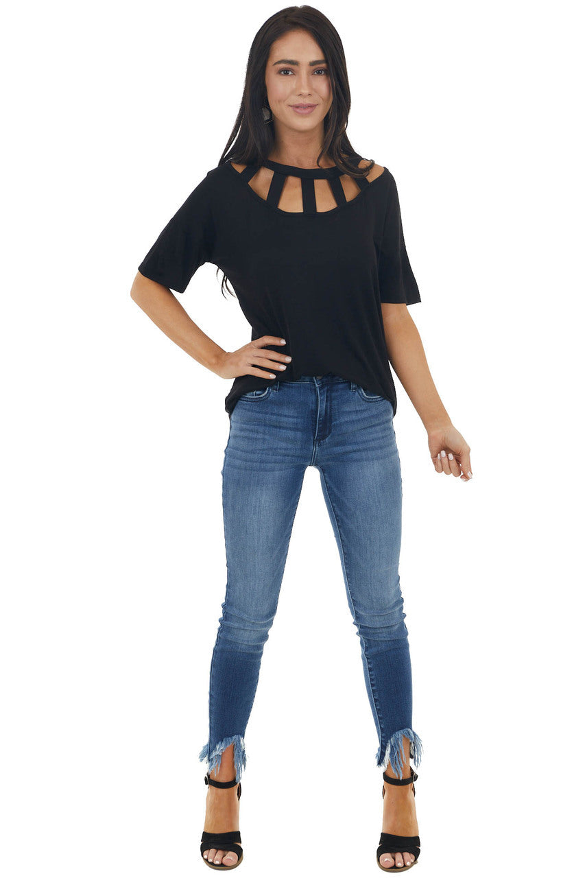 Black Short Sleeve Knit Top with Caged Neckline