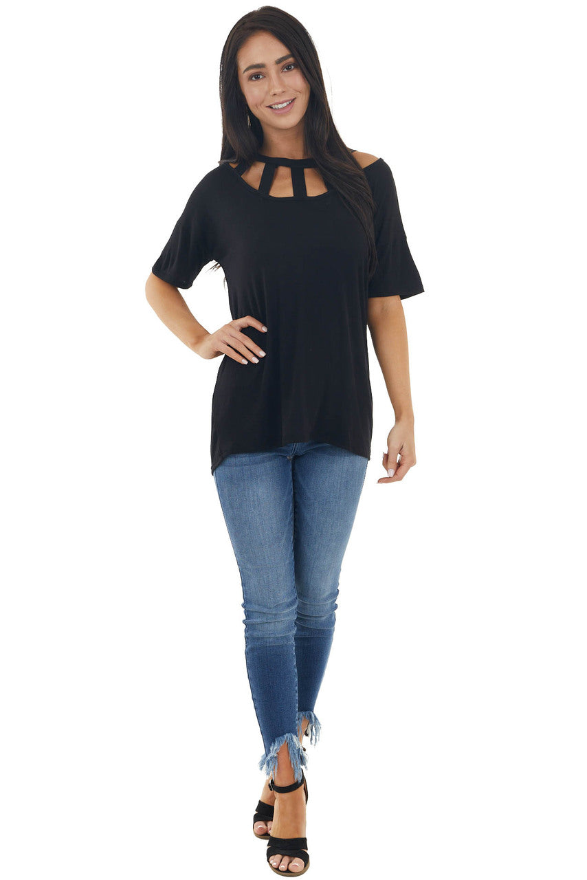 Black Short Sleeve Knit Top with Caged Neckline