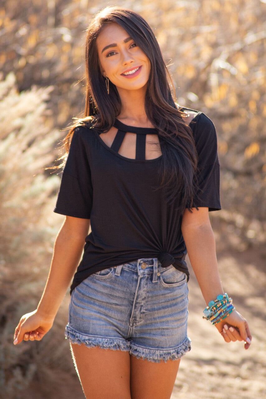 Black Short Sleeve Knit Top with Caged Neckline