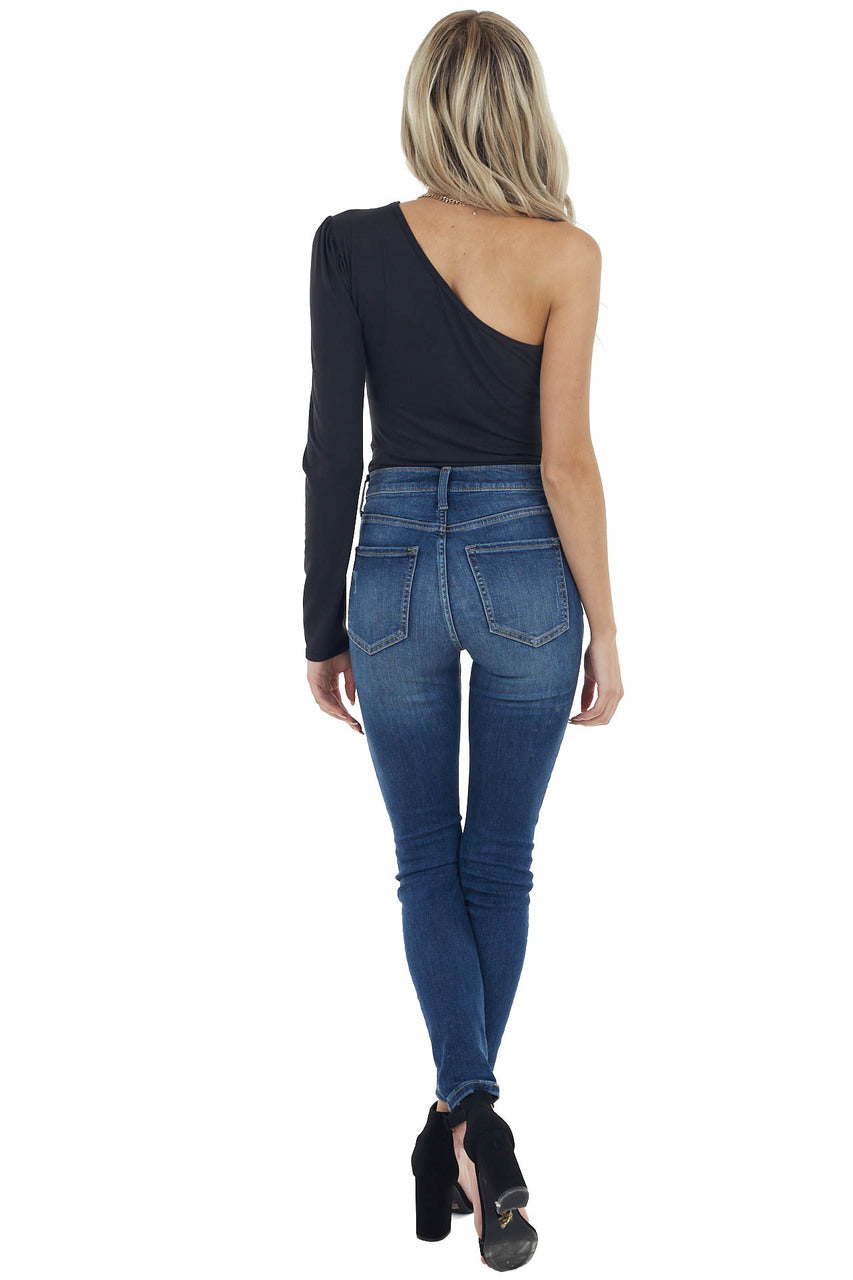 Black Single Long Sleeve Bodysuit with Puff Shoulder