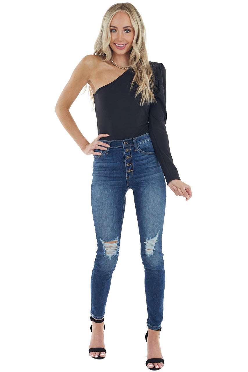 Black Single Long Sleeve Bodysuit with Puff Shoulder