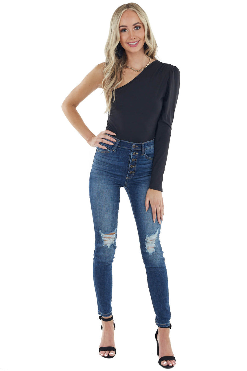 Black Single Long Sleeve Bodysuit with Puff Shoulder