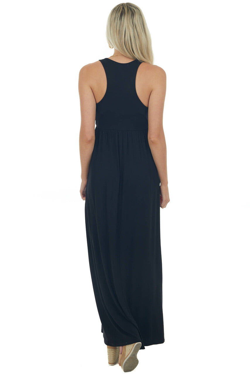 Black Sleeveless Babydoll Knit Maxi Dress 