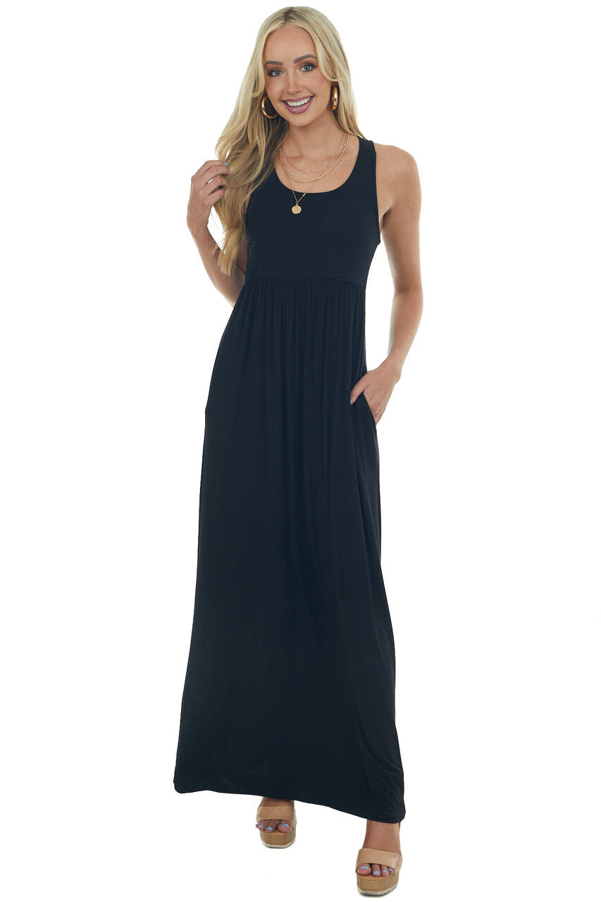 Black Sleeveless Babydoll Knit Maxi Dress 