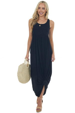 Black Sleeveless Babydoll Knit Maxi Dress 