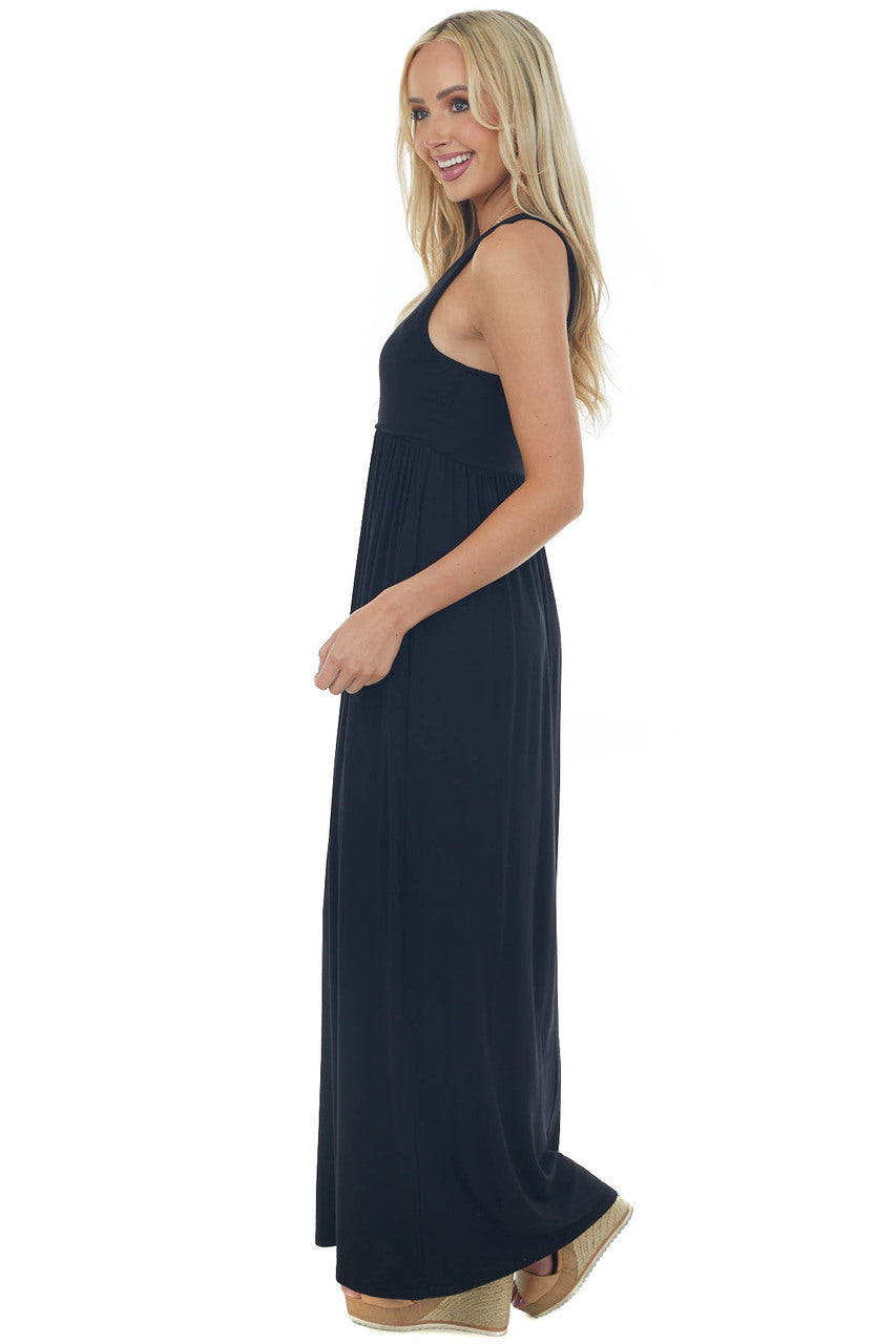 Black Sleeveless Babydoll Knit Maxi Dress 