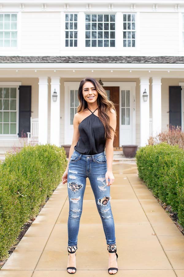 Medium Wash Distressed Skinny Jeans with Leopard Patches