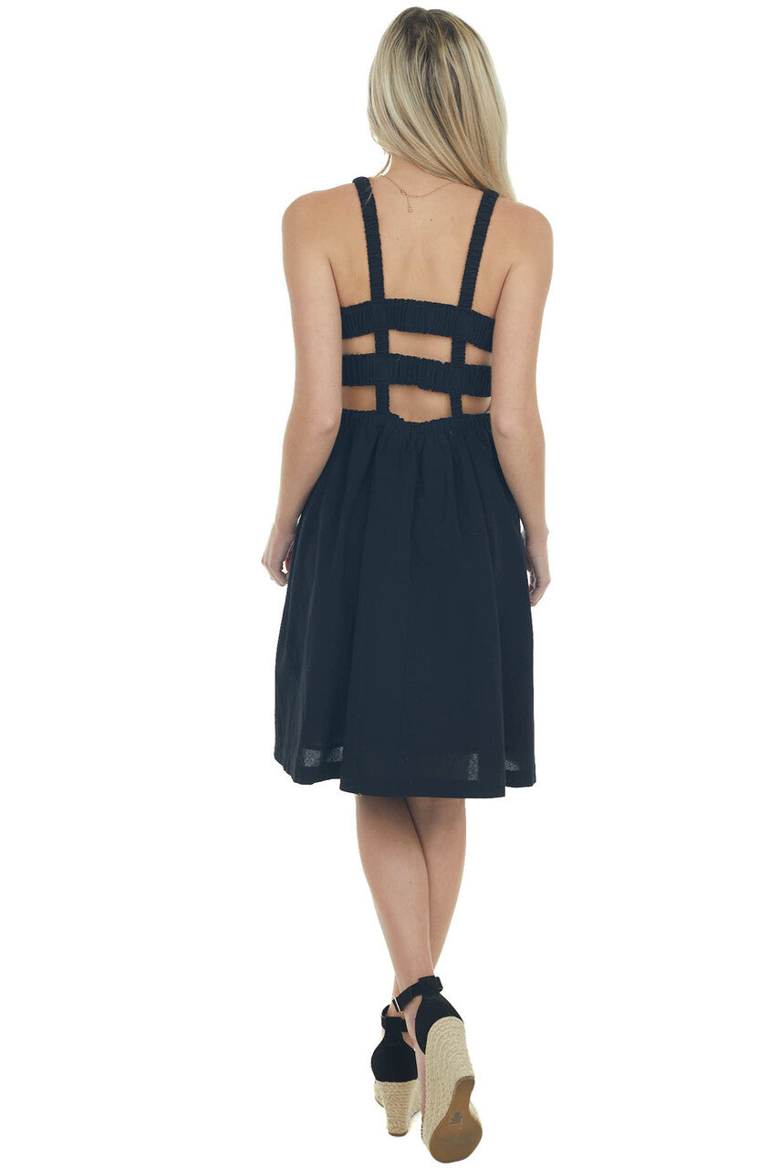 Black Smocked Criss Cross Back Woven Dress