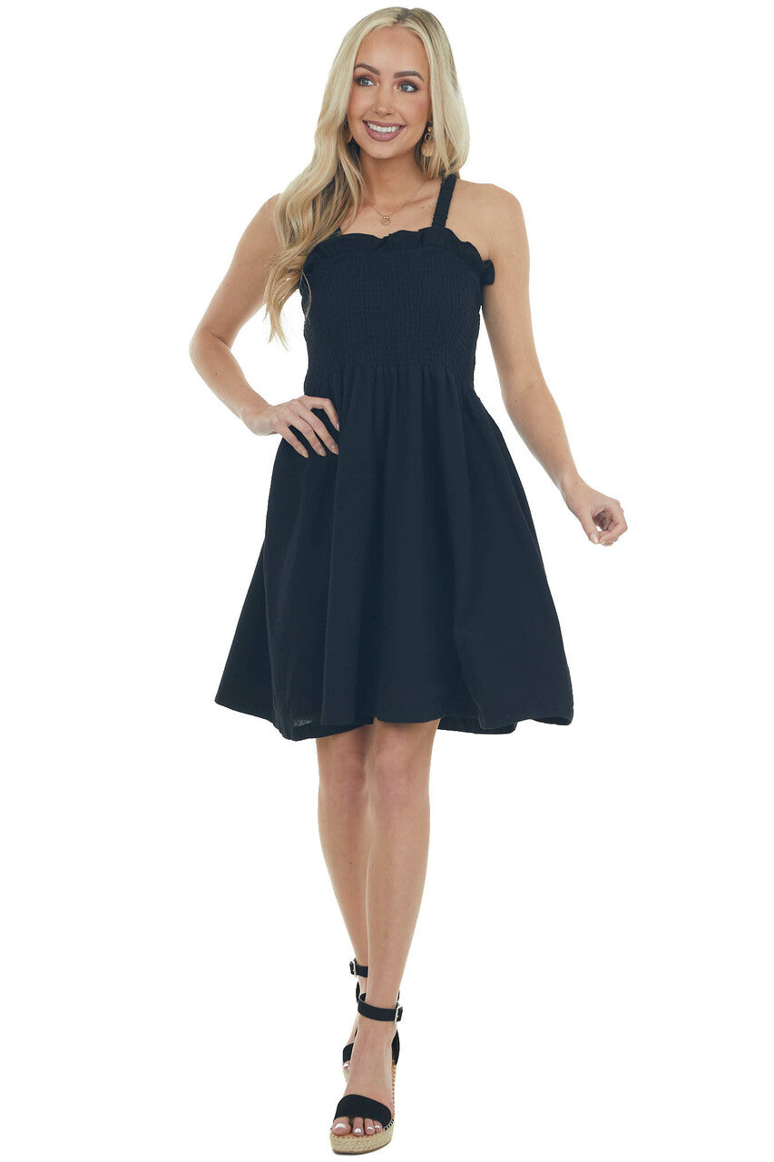 Black Smocked Criss Cross Back Woven Dress