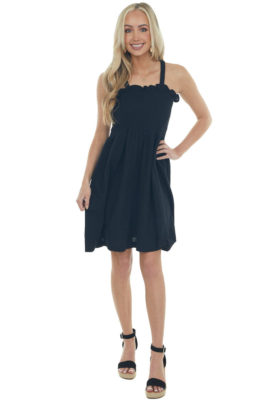 Black Smocked Criss Cross Back Woven Dress