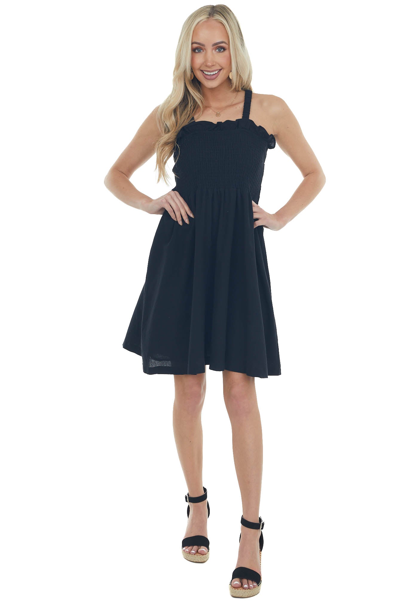 Black Smocked Criss Cross Back Woven Dress