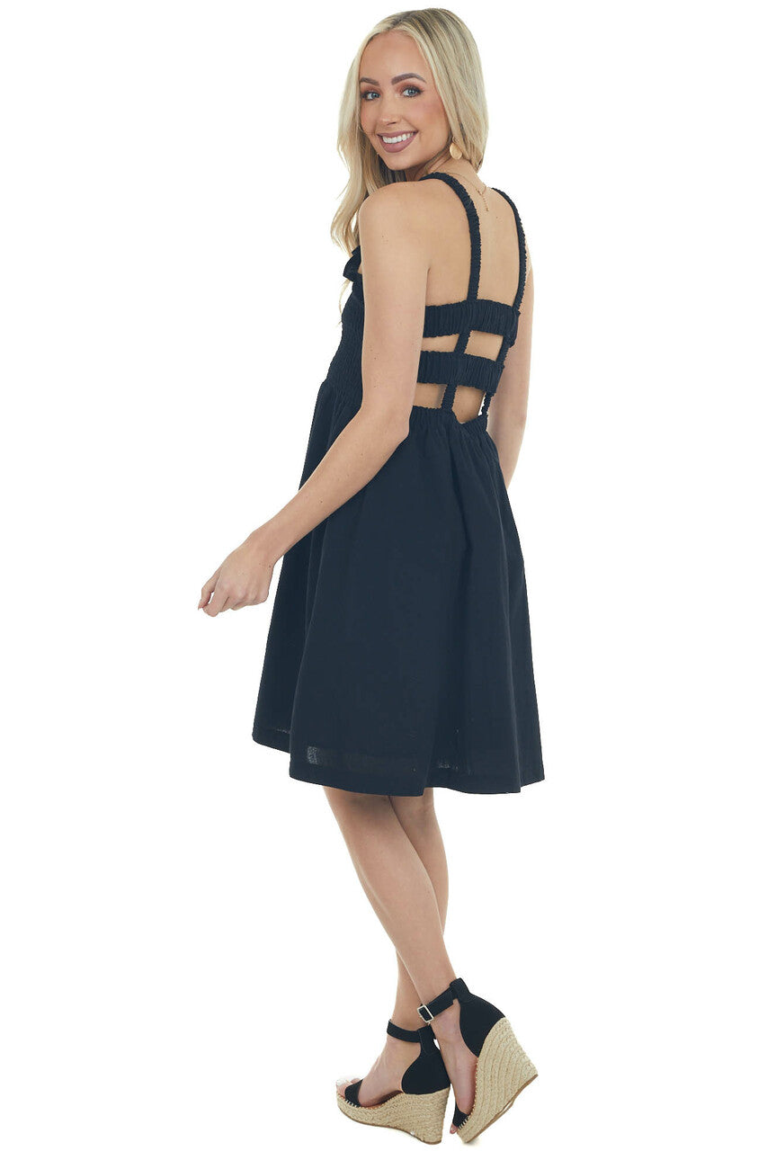 Black Smocked Criss Cross Back Woven Dress