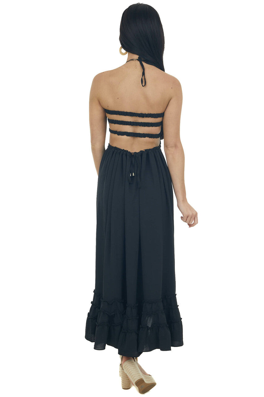 Black Smocked Open Back Halter Midi Dress