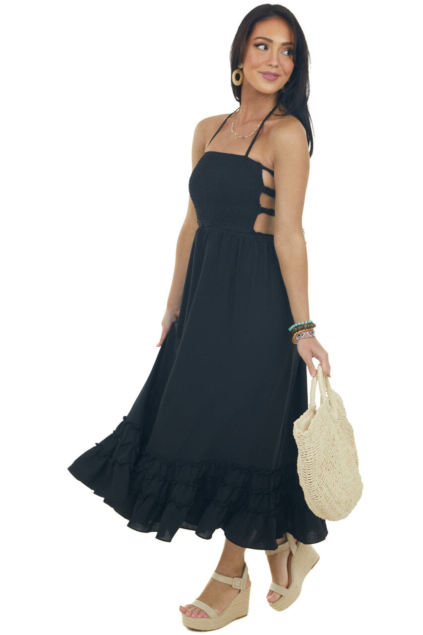 Black Smocked Open Back Halter Midi Dress