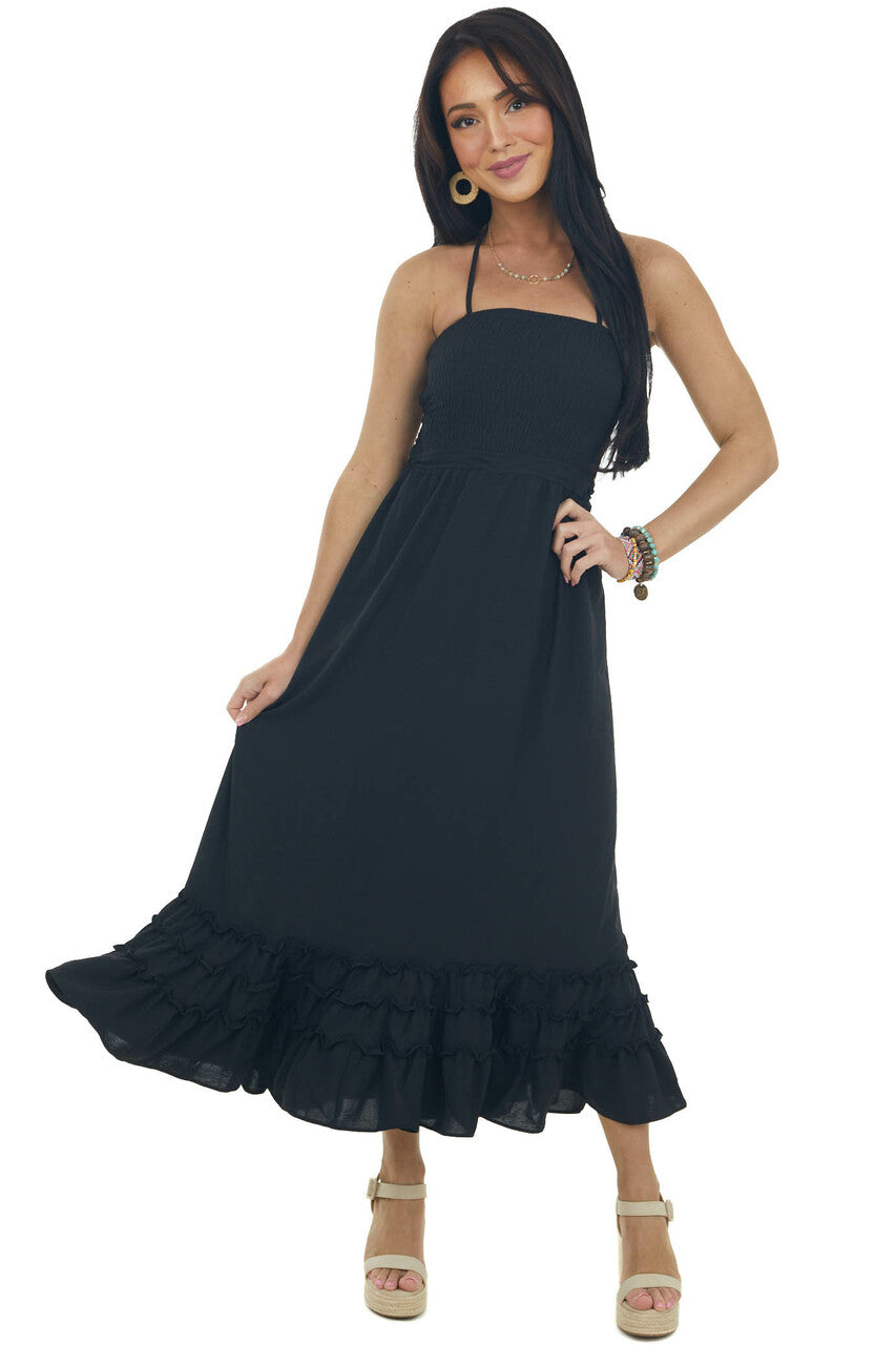 Black Smocked Open Back Halter Midi Dress
