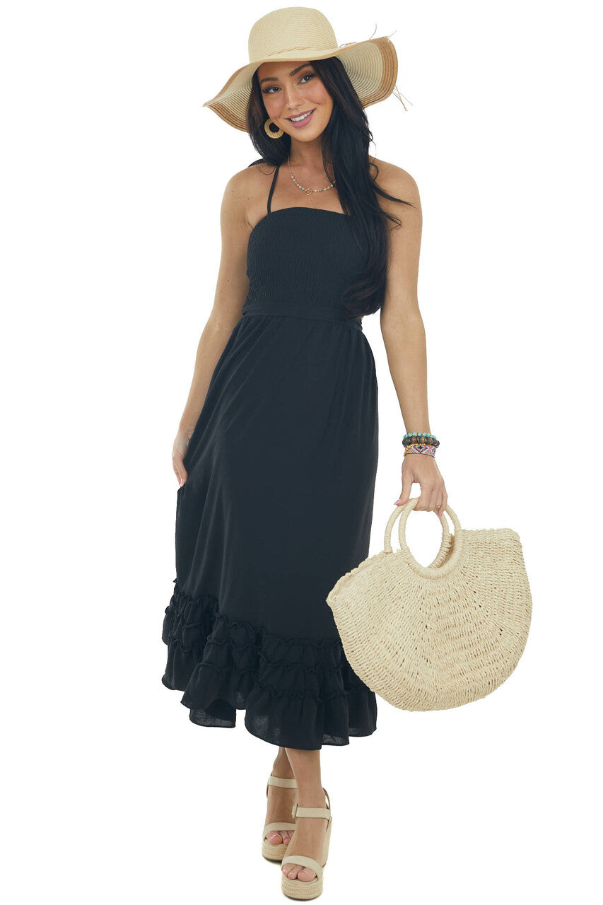 Black Smocked Open Back Halter Midi Dress
